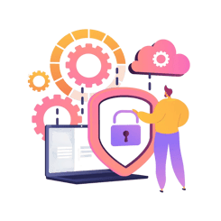 shield protecting cloud data, representing risk reduction and data security.