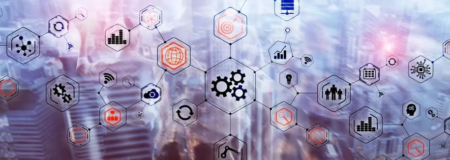 A conceptual image with a network of hexagonal icons representing various technological and connectivity themes overlaid on a translucent background with digital circuitry.
