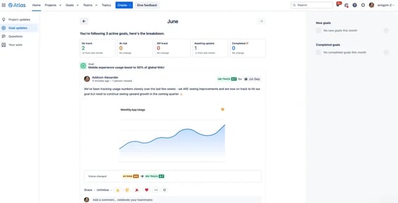 tlassian Atlas goal tracking dashboard showing progress of a goal titled “Mobile experience usage boost,” with goal status indicators and a line graph depicting app usage growth.
