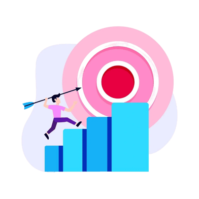 Person climbing bar graph steps with spear aimed at a bullseye, representing goal achievement and progress.