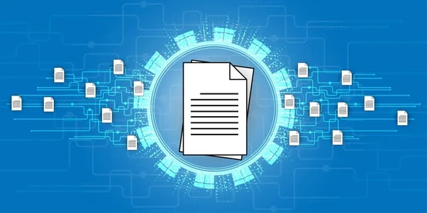 A digital concept art featuring a centralized document icon surrounded by a network of connected database or data blocks, set against a blue technological background, representing data management or blockchain technology.