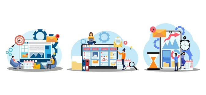 A colorful illustration of people engaged with various elements of project management, including a website layout, mobile interface, and time management tools, representing different aspects of digital project planning.