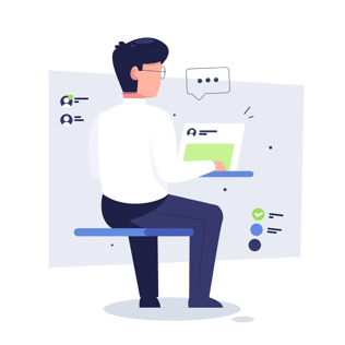 A developer using a laptop with icons representing communication and task progress in the background.