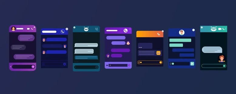 A collection of mobile app interface mockups in various colors, showcasing chat functionalities with user profile pictures and message bubbles.