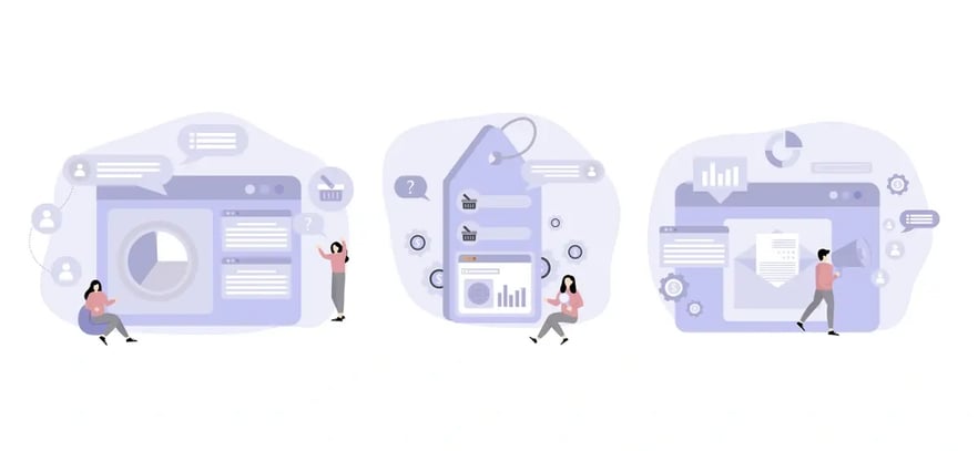A trio of illustrations showing characters interacting with oversized UI elements, including a washing machine, a clipboard, and a dashboard, representing user interaction with different services and analytics.