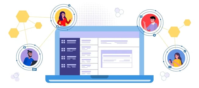A graphic of a laptop with a webpage layout on the screen surrounded by user profile icons connected by hexagonal shapes, suggesting a social network or user interface concept.