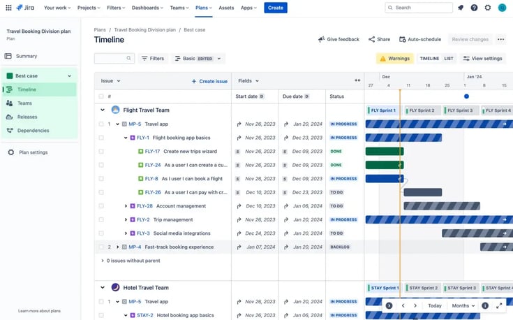 A Jira Plans interface showcasing project tasks, dependencies, and Gantt-style timeline visualization.