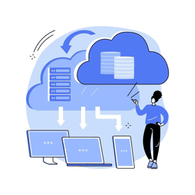 Illustration of cloud migration with servers, laptops, and tablets connected to a central cloud.