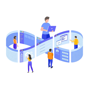 Team collaborating in continuous integration and DevOps workflow illustration