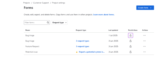Jira project settings page listing available forms, their request types, update dates, and restriction statuses.