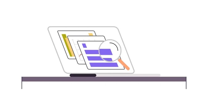 A minimalistic design featuring a laptop screen with a magnifying glass focusing on documents, denoting research, data analysis, or search for information.