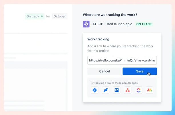 A Trello link being added for work tracking in Atlassian Goals, with integration options for other tools.