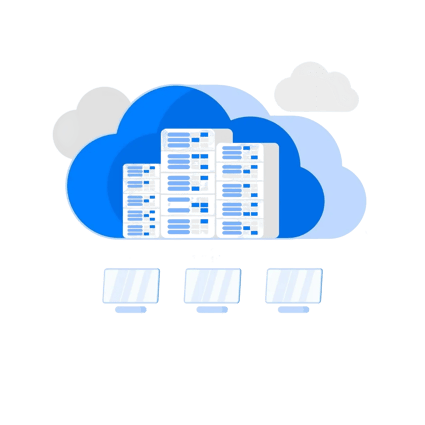 Blue cloud server illustration connecting to three monitors.
