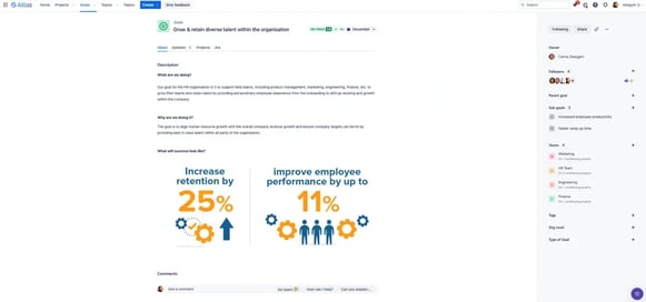 A goal-tracking page displaying a company objective, success metrics, sub-goals, and contributing teams.
