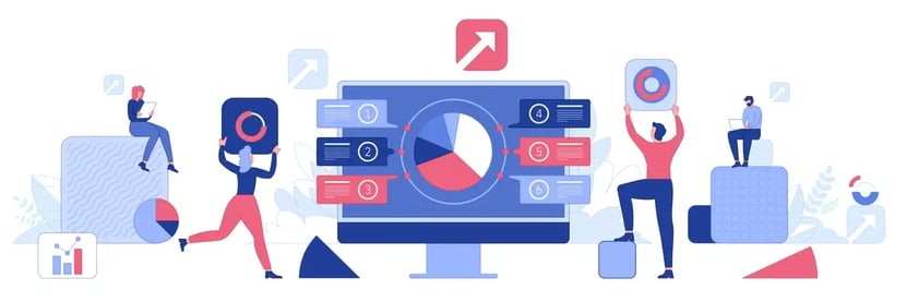 An illustration of animated figures interacting with charts and data on a large monitor, representing a dynamic team collaboration with a focus on analytics and strategy.