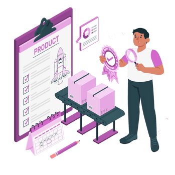 Manager inspecting product quality on a factory line with a checklist, calendar, and certification badge