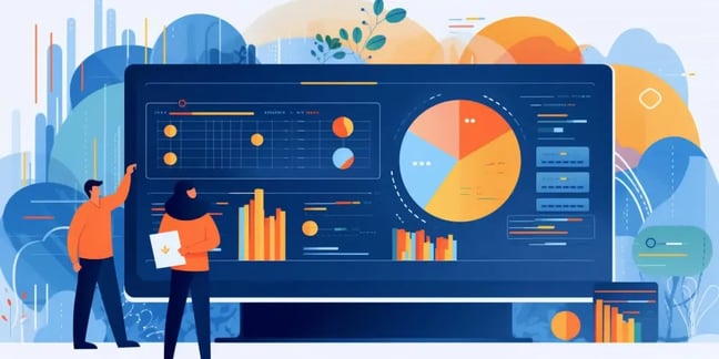 A vibrant illustration showing two people analyzing a large dashboard with charts and graphs, symbolizing big data analysis and business intelligence.