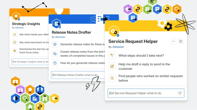 Rovo agent cards for Strategic Insights, Release Notes Drafter, and Service Request Helper.