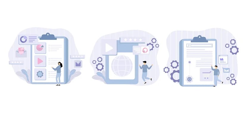 Three separate illustrations representing different aspects of digital content management: a character interacting with a clipboard that has various charts, a figure next to a globe surrounded by multimedia icons, and a person with a document surrounded by gears.