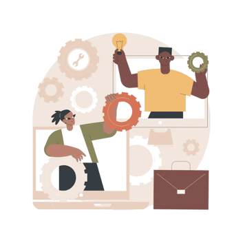 Illustration of two people holding gears and lightbulb, representing collaboration and innovation.