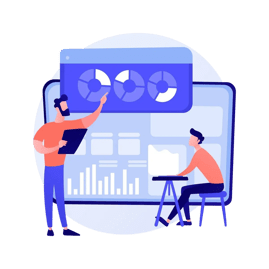 Two people analyzing pie charts and graphs on a large data dashboard.