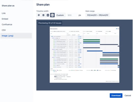 A Jira Plans interface displaying sharing options, including links, CSV, and image exports.