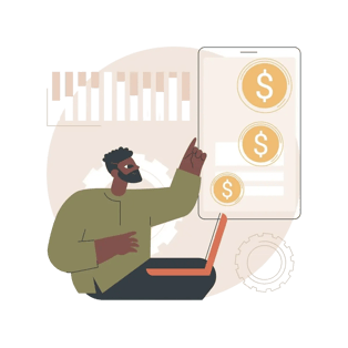Man using laptop and pointing at floating dollar icons on a large financial dashboard.