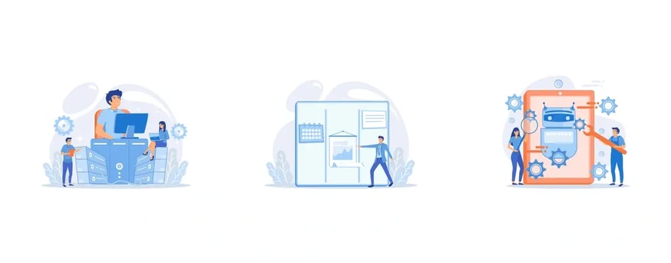 A series of illustrations depicting animated characters engaged in various technology and data management activities, such as working with databases, analytics, and machine learning or artificial intelligence systems.
