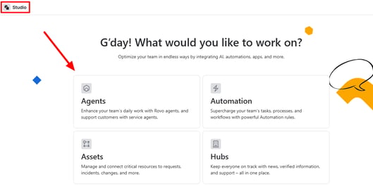 Atlassian Rovo Studio homepage showing options like Agents, Automation, Assets, and Hubs.
