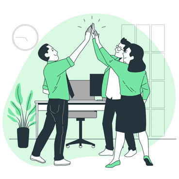 hree coworkers celebrating a success in an office setting.