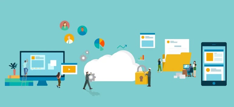 A flat design vector illustration depicting various people interacting with digital devices connected to a central cloud, symbolizing cloud computing and online collaboration.