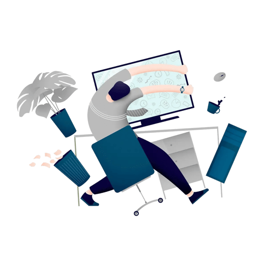 Person stretching at a cluttered desk, representing the stress of inefficient workflows before improved developer experience tools.