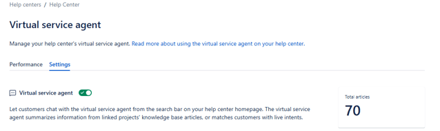 Screenshot showing Virtual Service Agent settings enabled in an Atlassian Help Center.