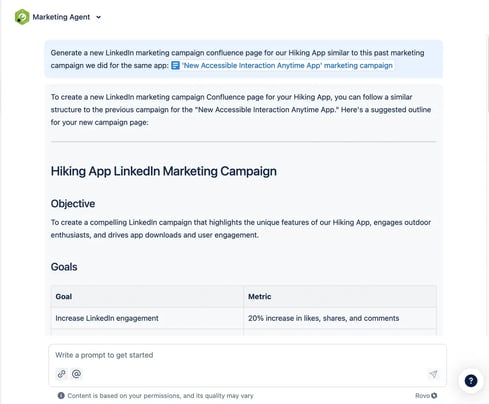 Marketing agent generating a LinkedIn campaign plan for a Hiking App, outlining objectives, goals, and metrics.