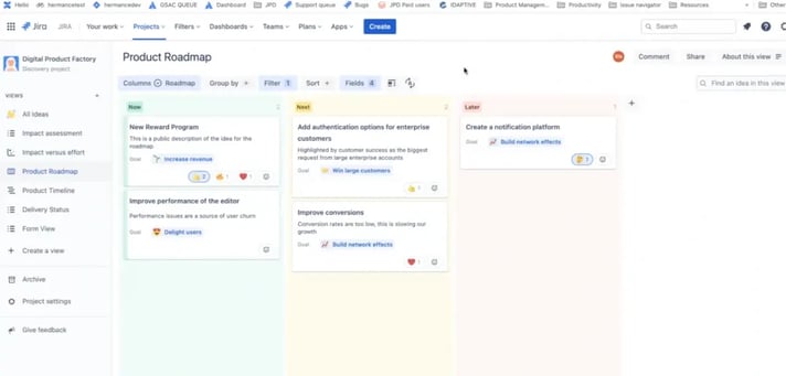 A Jira Product Discovery roadmap with categorized ideas in "Now," "Next," and "Later" columns.