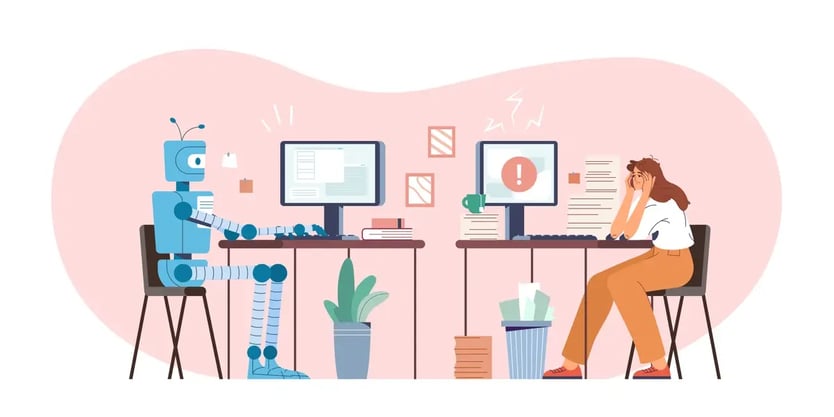 Illustration of a human-like robot and a woman sitting at separate desks with computers, in a pink-hued room, symbolizing human-robot collaboration or competition in a work environment.