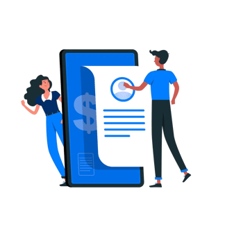 Two people interacting with a large digital financial document on a screen.