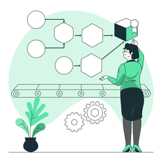 Person managing a visual workflow of connected processes and outputs.