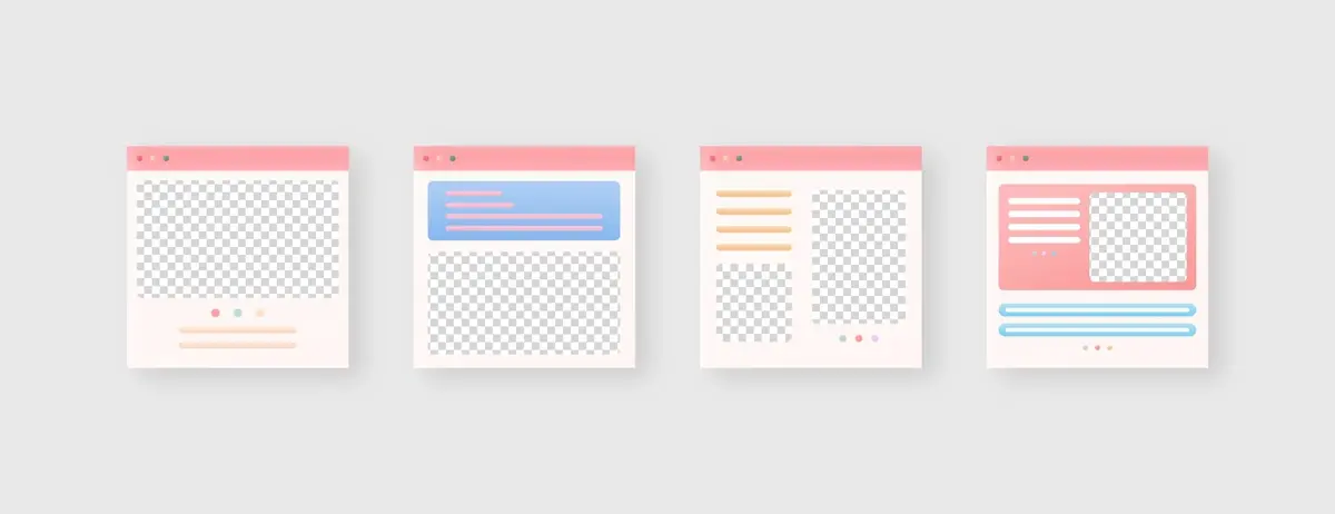 Four web browser mock-ups displaying different design layouts.