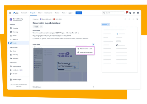 Screenshot of a Jira interface showing a project issue with an integrated Loom video. Includes an option to "Record a new Loom" or "Insert existing Loom" within the issue description.