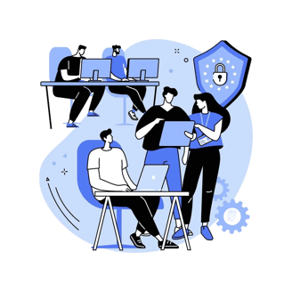 Cybersecurity team reviewing data with a privacy shield icon in the background.