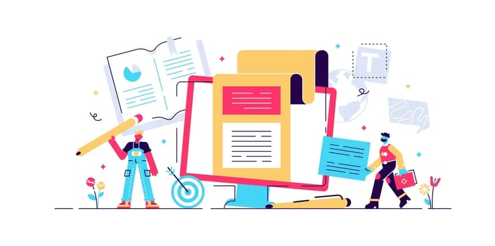 An illustration showing two people constructing and editing documents on a large desktop monitor, surrounded by symbols of creativity and content creation like pencils, charts, and paper.