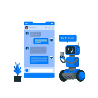 Robot chatbot interacting through a messaging app on a mobile device.