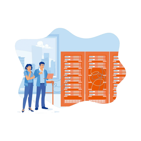 IT specialists reviewing server racks with a laptop, indicating data center or on-prem infrastructure management.