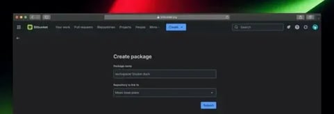 Bitbucket Cloud interface showing the create package form with fields for package name and repository.