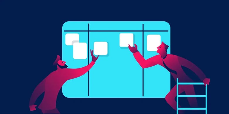 An illustration of two people arranging blank sticky notes on a large digital screen, representing project planning or agile methodology.