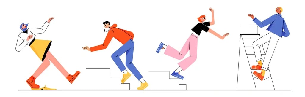 Four people in dynamic poses ascending steps, with one person slipping on a banana peel, another cautiously stepping, and the others confidently striding upwards.