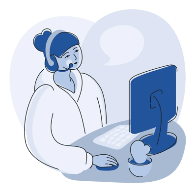 Support agent with a headset assisting customers at a computer.