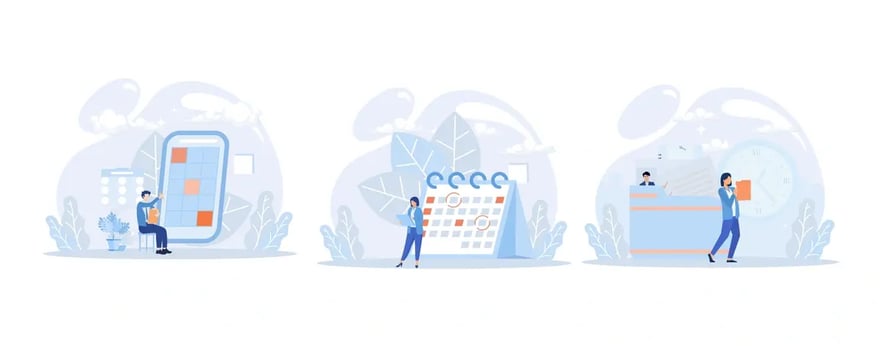 A graphic illustration of a person sitting on a mobile phone and another interacting with a calendar, representing task scheduling and mobile productivity.