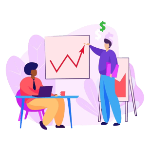 Business leader presenting rising growth chart to colleague, symbolizing revenue success.